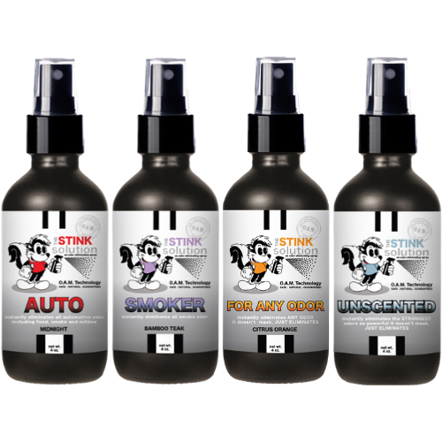 4 oz. Odor Sampler Set: 4 Odor Eliminating Sprays (Auto Midnight, Smoker Bamboo Teak, Citrus Orange, and Unscented). Natural, safe, non-toxic, enzyme-free odor eliminating spray. Multi-purpose use for any odor: smoke, urine, food, sweat, and more. Safe to spray anywhere: homes, cars, furniture, bathroom, carpet, and more.