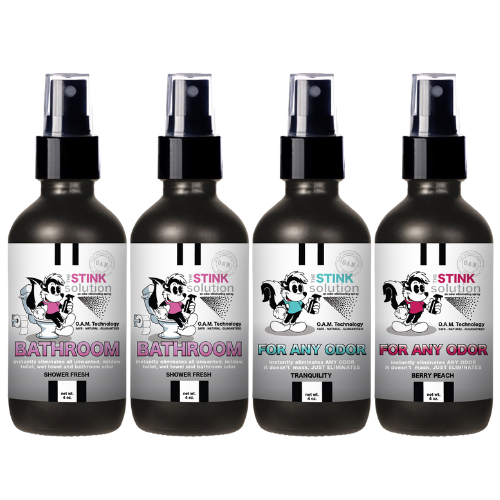 BUY 3 GET 1 - 4 Odor Eliminating Sprays (2 Bathroom Shower Fresh, Tranquility, and Berry Peach). Natural, safe, non-toxic, enzyme-free odor eliminating spray. Multi-purpose use for any odor: smoke, urine, food, sweat, and more. Safe to spray anywhere: homes, cars, furniture, bathroom, carpet, and more.