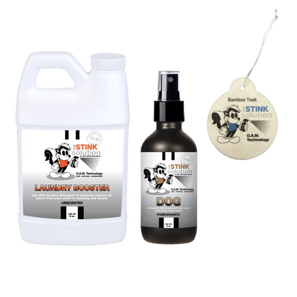Sample Bundle - 1 Unscented Mini Laundry Booster, 1 Dog Odor Eliminator 4 oz (Pomegranate Fragrance) + 1 Car Air Freshener