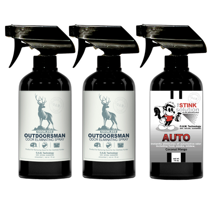 Three Pack - Two Odorless Outdoorsman Odor Eliminating Sprays + One Spray of Choice 16 oz