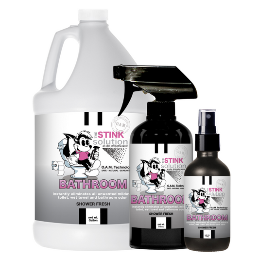 Bathroom Odor Eliminating Spray in Shower Fresh Gallon, 16 oz, and 4 oz Bundle Natural, safe, non-toxic, enzyme-free odor eliminating spray. Multi-purpose use for any odor: smoke, urine, food, sweat, and more. Safe to spray anywhere: homes, cars, furniture, bathroom, carpet, and more.