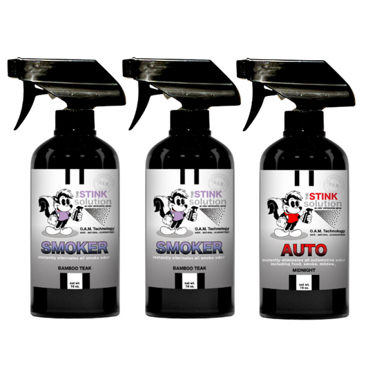 Buy 2 Get 1 FREE - Two Smoke Odor Eliminating Sprays (Bamboo Teak) + One Auto Odor Eliminating Spray (Midnight) 16 oz Natural, safe, non-toxic, enzyme-free odor eliminating spray. Multi-purpose use for any odor: smoke, urine, food, sweat, and more. Safe to spray anywhere: homes, cars, furniture, bathroom, carpet, and more.
