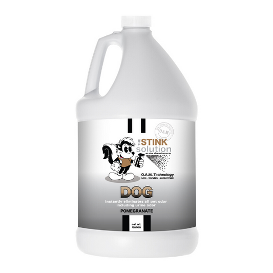 The Stink Solution Dog Pomegranate Odor Eliminating Spray Gallon Natural, safe, non-toxic, enzyme-free odor eliminating spray. Multi-purpose use for any odor: smoke, urine, food, sweat, and more. Safe to spray anywhere: homes, cars, furniture, bathroom, carpet, and more.