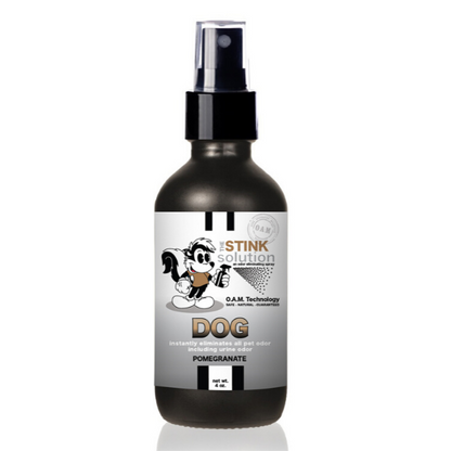 The Stink Solution Dog Pomegranate Odor Eliminating Spray 4 oz Natural, safe, non-toxic, enzyme-free odor eliminating spray. Multi-purpose use for any odor: smoke, urine, food, sweat, and more. Safe to spray anywhere: homes, cars, furniture, bathroom, carpet, and more.