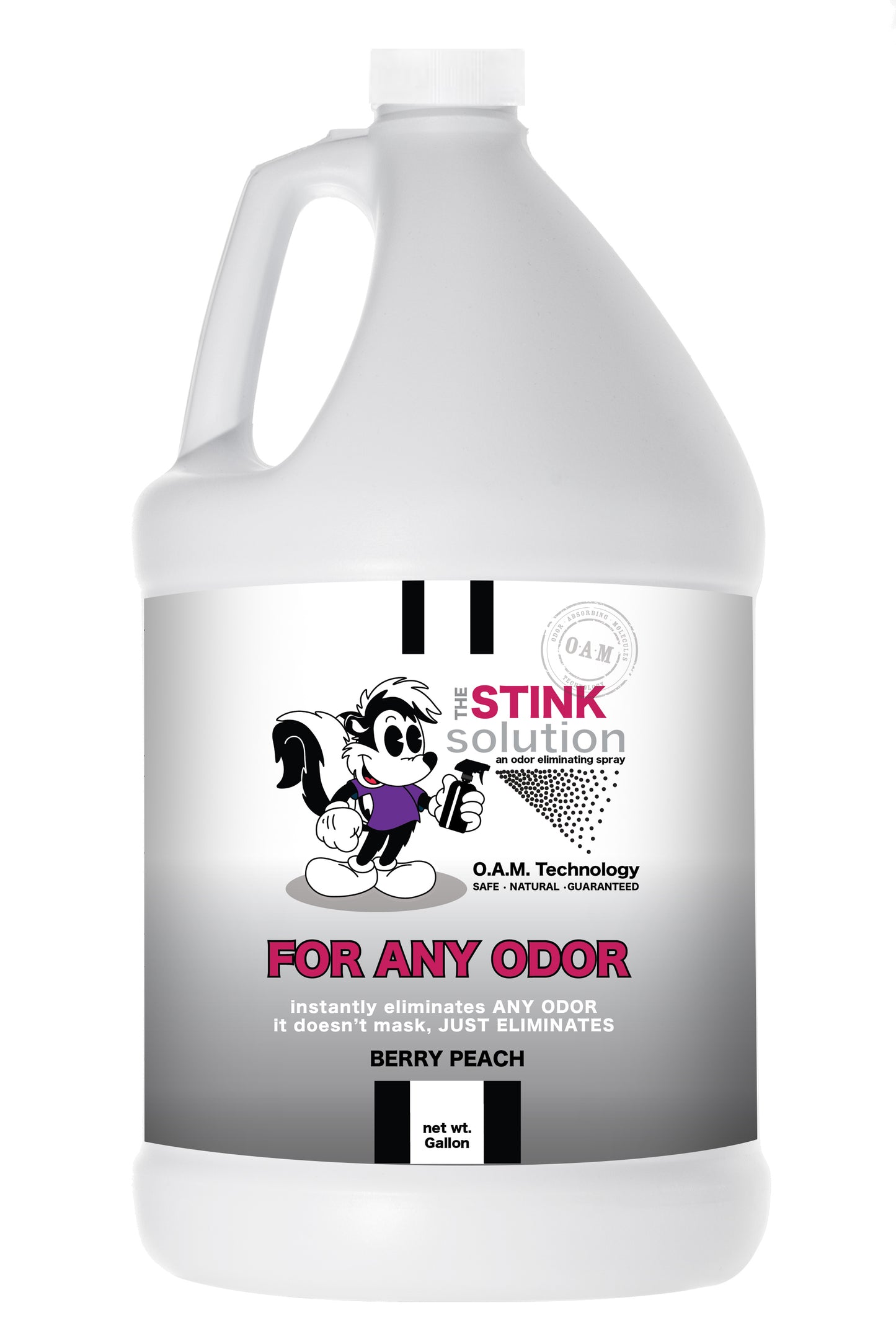 The Stink Solution Berry Peach Odor Eliminating Spray Gallon Natural, safe, non-toxic, enzyme-free odor eliminating spray. Multi-purpose use for any odor: smoke, urine, food, sweat, and more. Safe to spray anywhere: homes, cars, furniture, bathroom, carpet, and more.