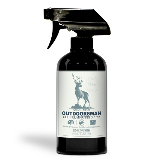 Odorless Outdoorsman 16 oz Unscented Odor Eliminator Natural, safe, non-toxic, enzyme-free Laundry Booster. Multi-purpose use for any odor: smoke, urine, food, sweat, and more. Safe to spray anywhere: homes, cars, furniture, bathroom, carpet, and more.