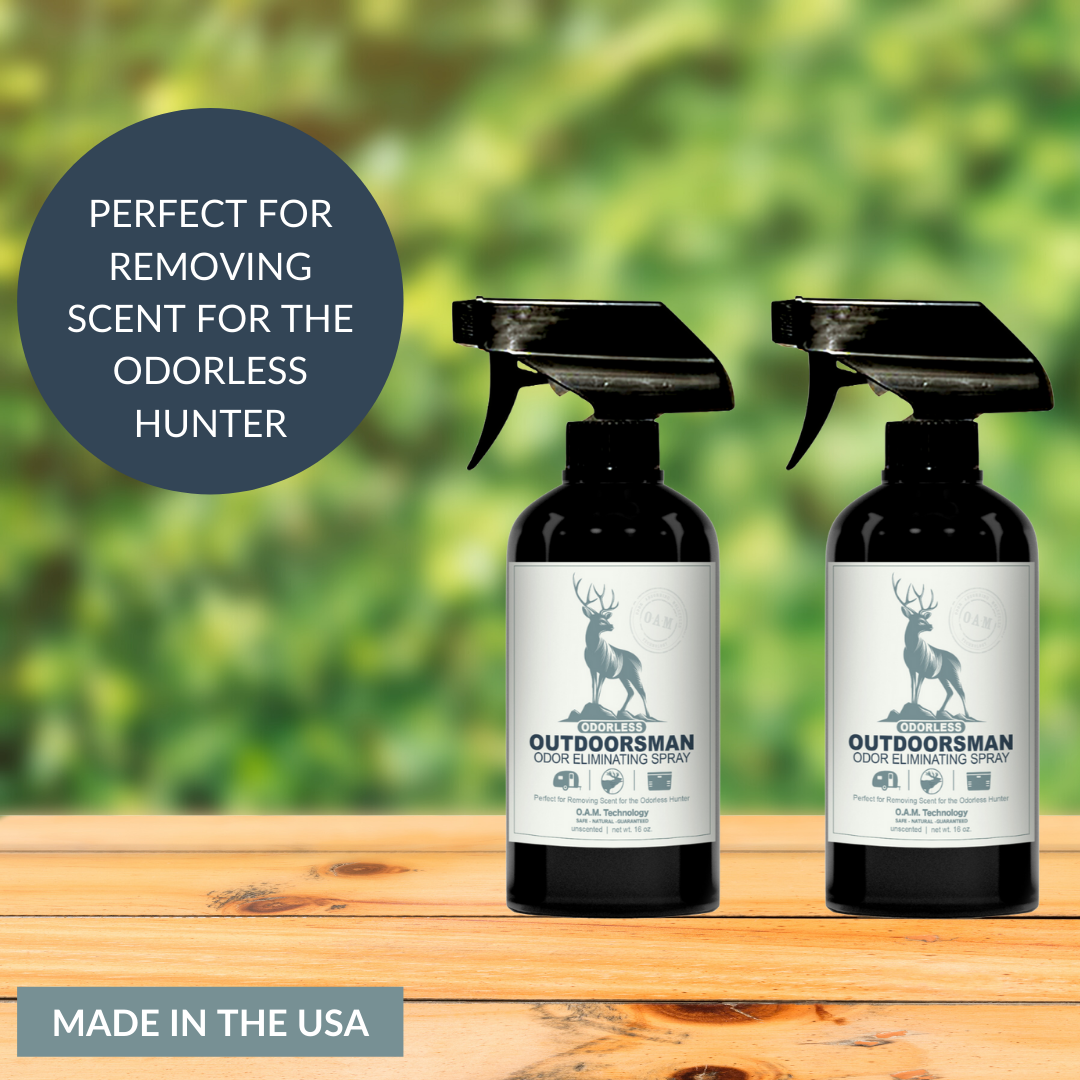 Odorless Outdoorsman 16 oz 2 for $25 Unscented Odor Eliminator. Natural, safe, non-toxic, enzyme-free odor eliminating spray. Multi-purpose use for any odor: smoke, urine, food, sweat, and more. Safe to spray anywhere: homes, cars, furniture, bathroom, carpet, and more.