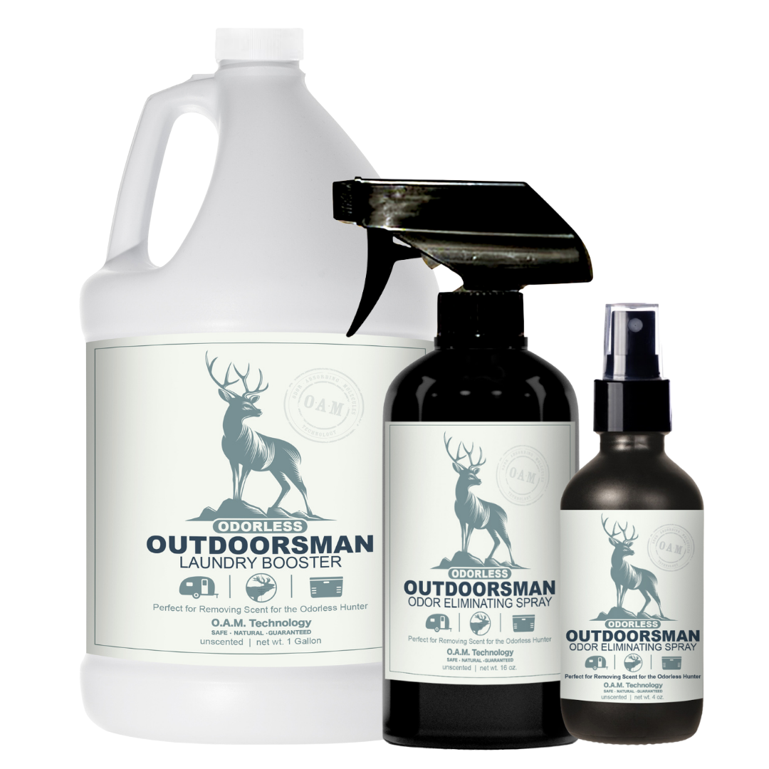 Odorless Outdoorsman Gallon, 16 oz, and 4 oz Bundle - Unscented Odor Eliminator   Natural, safe, non-toxic, enzyme-free odor eliminating spray. Multi-purpose use for any odor: smoke, urine, food, sweat, and more. Safe to spray anywhere: homes, cars, furniture, bathroom, carpet, and more.