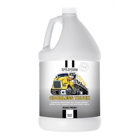 Odorless Trucker Odor Eliminating Spray in Road Fresh Gallon Natural, safe, non-toxic, enzyme-free Laundry Booster. Multi-purpose use for any odor: smoke, urine, food, sweat, and more. Safe to spray anywhere: homes, cars, furniture, bathroom, carpet, and more.