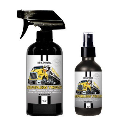 Twin Pack Odorless Trucker Road Fresh 16 oz and 4 oz Bundle. Natural, safe, non-toxic, enzyme-free odor eliminating spray. Multi-purpose use for any odor: smoke, urine, food, sweat, and more. Safe to spray anywhere: homes, cars, furniture, bathroom, carpet, and more.