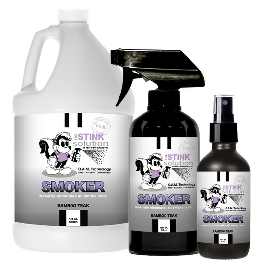 The Stink Solution Smoker Bamboo Teak Odor Eliminating Spray Bundle. Natural, safe, non-toxic, enzyme-free odor eliminating spray. Multi-purpose use for any odor: smoke, urine, food, sweat, and more. Safe to spray anywhere: homes, cars, furniture, bathroom, carpet, and more.