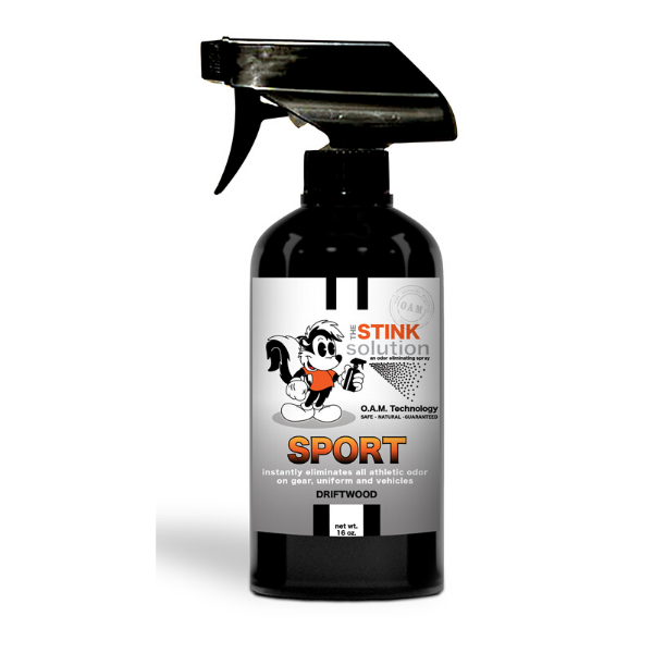 The Stink Solution Sport Driftwood Odor Eliminating Spray 16 oz Natural, safe, non-toxic, enzyme-free odor eliminating spray. Multi-purpose use for any odor: smoke, urine, food, sweat, and more. Safe to spray anywhere: homes, cars, furniture, bathroom, carpet, and more.