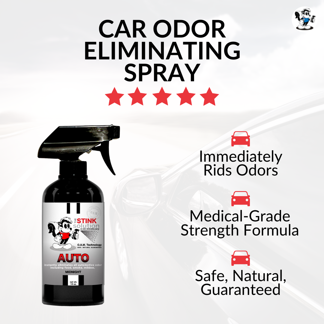 The Stink Solution One Smoker Bamboo Teak, One Auto Midnight 16 oz. Sprays. Natural, safe, non-toxic, enzyme-free odor eliminating spray. Multi-purpose use for any odor: smoke, urine, food, sweat, and more. Safe to spray anywhere: homes, cars, furniture, bathroom, carpet, and more.