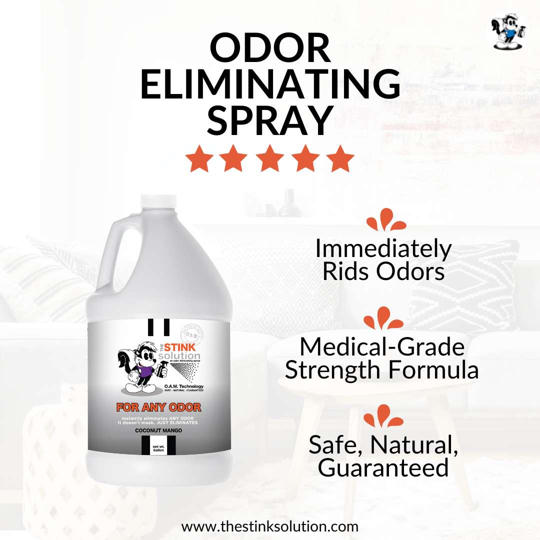 Deodorizing Utility Fogger + Gallon Odor Eliminator in Coconut Mango Fragrance Natural, safe, non-toxic, enzyme-free odor eliminating spray. Multi-purpose use for any odor: smoke, urine, food, sweat, and more. Safe to spray anywhere: homes, cars, furniture, bathroom, carpet, and more.