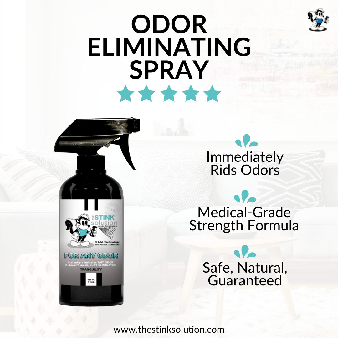 The Stink Solution One Smoker Bamboo Teak, One Tranquility 16 oz. Sprays. Natural, safe, non-toxic, enzyme-free odor eliminating spray. Multi-purpose use for any odor: smoke, urine, food, sweat, and more. Safe to spray anywhere: homes, cars, furniture, bathroom, carpet, and more.