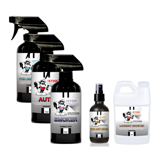 Buy 3 Get Sample Bundle FREE - 1 Tranquility (16 oz), 1 Auto Odor Eliminator (16 oz), 1 Smoke Odor Eliminator (16 oz), 1 Citrus Orange (4 oz), + 1 Unscented Mini Laundry Booster. Natural, safe, non-toxic, enzyme-free odor eliminating spray. Multi-purpose use for any odor: smoke, urine, food, sweat, and more. Safe to spray anywhere: homes, cars, furniture, bathroom, carpet, and more.