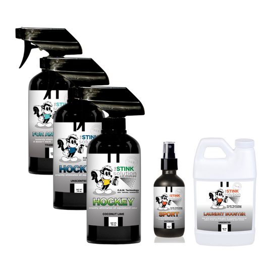 Buy 3 Get Sample Bundle FREE - 1 Tranquility (16 oz), 2 Hockey Odor Eliminators in Coconut Lime and Unscented (16 oz), 1 Sport Odor Eliminator (4 oz), + 1 Unscented Mini Laundry Booster. Natural, safe, non-toxic, enzyme-free odor eliminating spray. Multi-purpose use for any odor: smoke, urine, food, sweat, and more. Safe to spray anywhere: homes, cars, furniture, bathroom, carpet, and more.