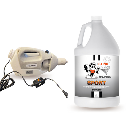 Deodorizing Utility Fogger + Gallon Sport Odor Eliminator in Driftwood Fragrance Natural, safe, non-toxic, enzyme-free odor eliminating spray. Multi-purpose use for any odor: smoke, urine, food, sweat, and more. Safe to spray anywhere: homes, cars, furniture, bathroom, carpet, and more.