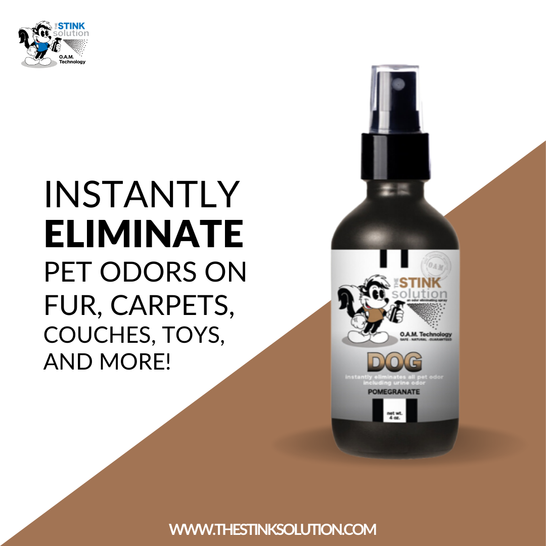 The Stink Solution Dog Pomegranate Odor Eliminating Spray 4 oz Natural, safe, non-toxic, enzyme-free odor eliminating spray. Multi-purpose use for any odor: smoke, urine, food, sweat, and more. Safe to spray anywhere: homes, cars, furniture, bathroom, carpet, and more.