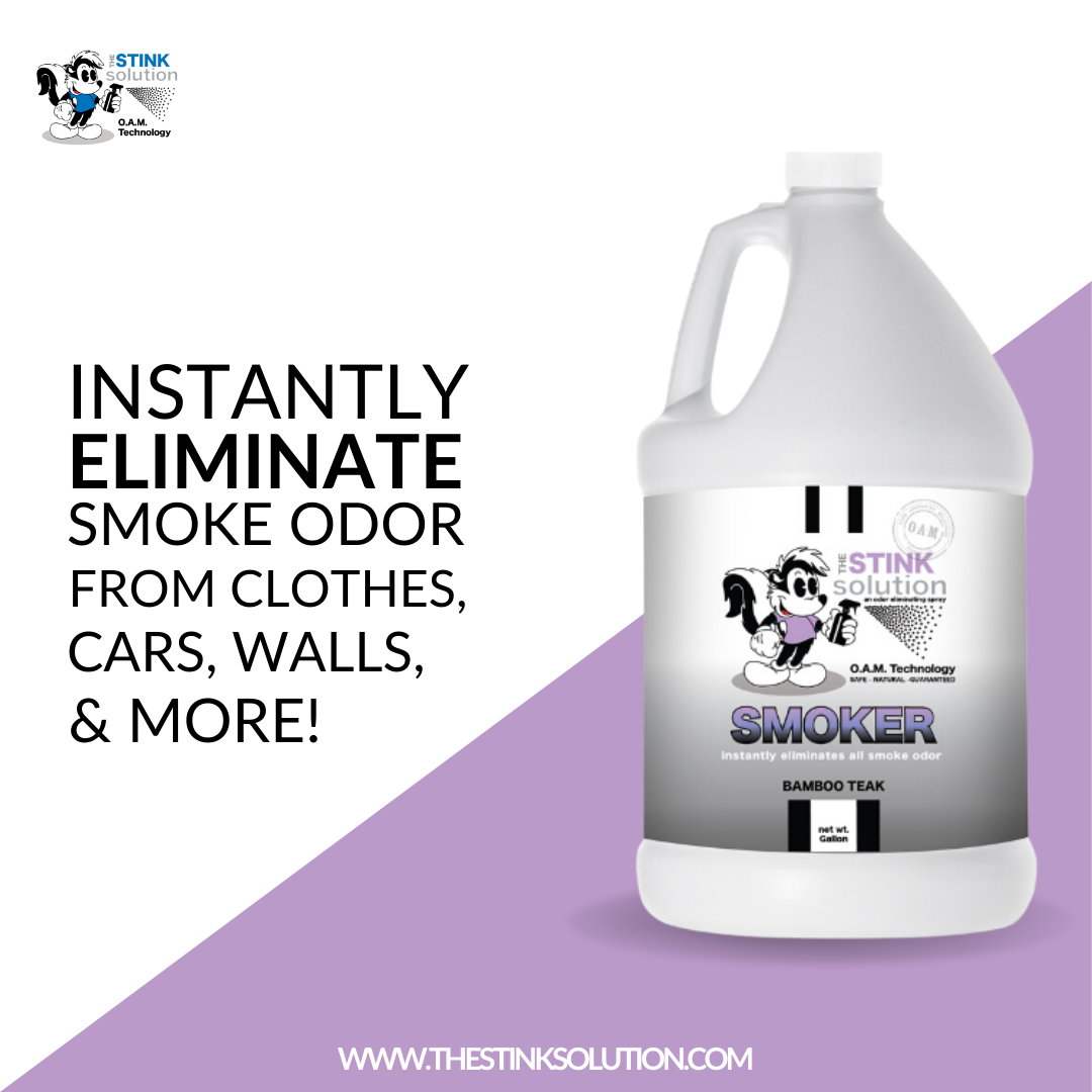 The Stink Solution Smoker Bamboo Teak Odor Eliminating Spray Gallon Natural, safe, non-toxic, enzyme-free odor eliminating spray. Multi-purpose use for any odor: smoke, urine, food, sweat, and more. Safe to spray anywhere: homes, cars, furniture, bathroom, carpet, and more.