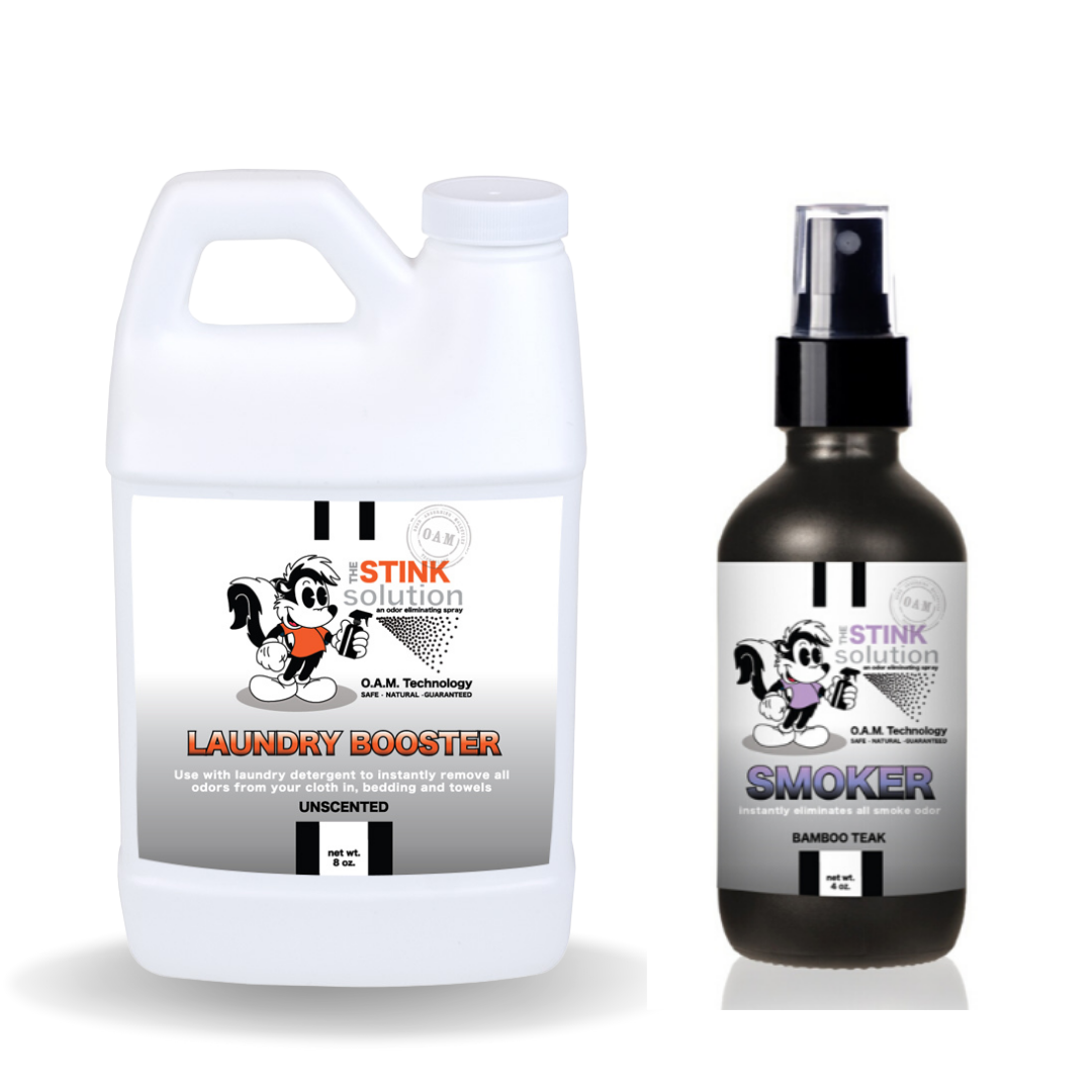 Sample Bundle - 1 Unscented Mini Laundry Booster + 1 Smoke Odor Eliminator 4 oz (Bamboo Teak Fragrance). Natural, safe, non-toxic, enzyme-free odor eliminating spray. Multi-purpose use for any odor: smoke, urine, food, sweat, and more. Safe to spray anywhere: homes, cars, furniture, bathroom, carpet, and more.