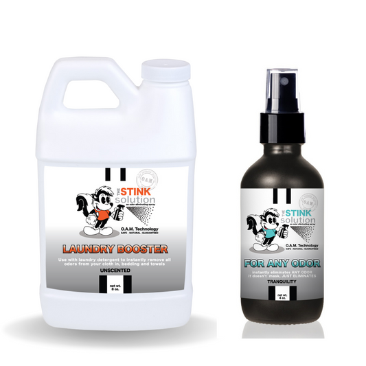 Sample Bundle - 1 Unscented Mini Laundry Booster + Tranquility Scented Odor Eliminator 4 oz. Natural, safe, non-toxic, enzyme-free odor eliminating spray. Multi-purpose use for any odor: smoke, urine, food, sweat, and more. Safe to spray anywhere: homes, cars, furniture, bathroom, carpet, and more.