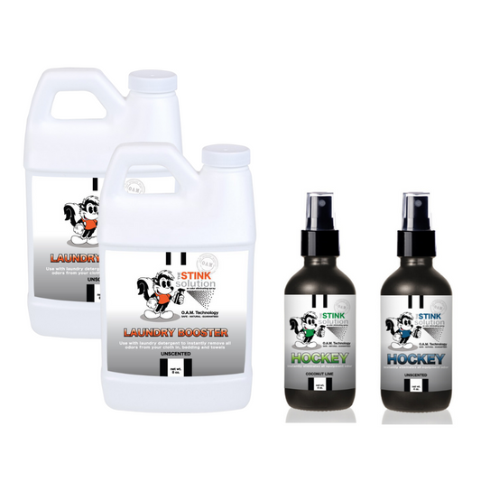 Super Sample Bundle - 2 Unscented Mini Laundry Boosters, One 4 oz Hockey Odor Eliminator (Coconut Lime Fragrance), + One 4 oz Unscented Hockey Odor Eliminator. Natural, safe, non-toxic, enzyme-free odor eliminating spray. Multi-purpose use for any odor: smoke, urine, food, sweat, and more. Safe to spray anywhere: homes, cars, furniture, bathroom, carpet, and more.
