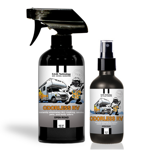 NEW Odorless RV 16 oz and 4 oz Bundle Odor Eliminating Spray in Open Road Fragrance. Natural, safe, non-toxic, enzyme-free odor eliminating spray. Multi-purpose use for any odor: smoke, urine, food, sweat, and more. Safe to spray anywhere: homes, cars, furniture, bathroom, carpet, and more.